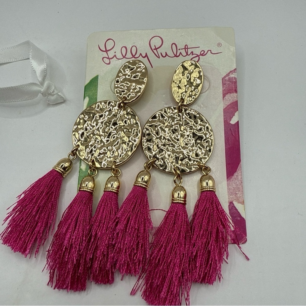 Lilly Pulitzer NWT Boho Mermaid Grotto Tassel Fringe Gold Earrings pink - Picture 2 of 5